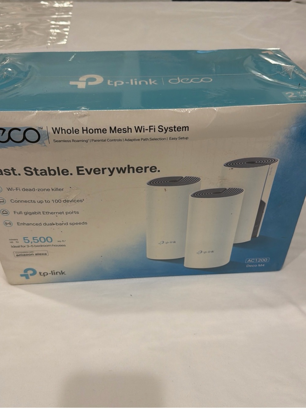 TP-Link Deco M4 Whole Home Mesh Wi‑Fi System - White & Blue Box